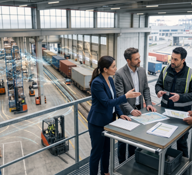 des consultants sur une mezzanine qui surplombent un entrepôt. ils sont autour d'une table et discutent en regardant des plans.